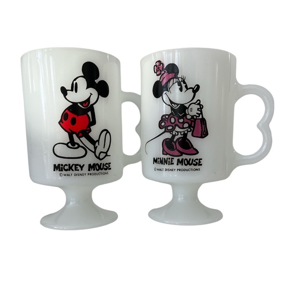 Vintage Mickey & Minnie Pedestal Milk Glass Coffee Mugs Set Pair - Picture 1 of 13